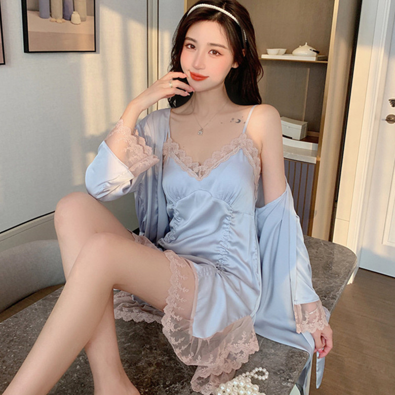 SYQ Xia Chun's Pajamas Women's Lace Sling Nightgown Nightgown Two-Piece Home Clothes With Chest Pad. 