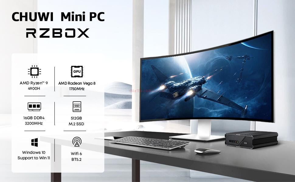 CHUWI RZBOX Mini Computers, Mini Gaming PC with AMD Ryzen 9 4900H, Windows 10 with Vega 8 Graphics, 16GB RAM 512GB SSD, Dual Gigabit RJ45 LAN, WiFi-6, BT5.2, 4K@60Hz Output, USB-C, AMD Radeon Tower PC. 