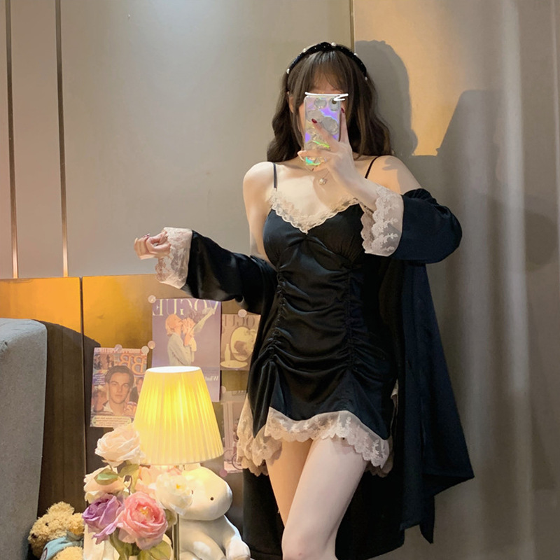 SYQ Xia Chun's Pajamas Women's Lace Sling Nightgown Nightgown Two-Piece Home Clothes With Chest Pad. 