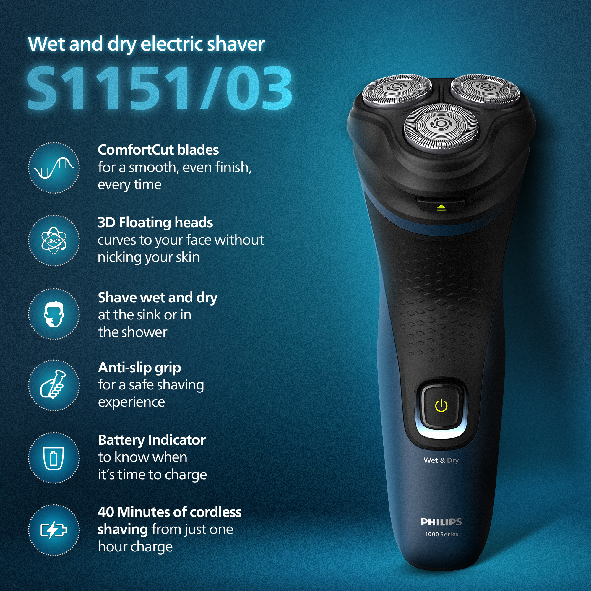 Philips Cordless Wet and Dry Electric Shaver for Men | 3D Floating Heads | 27 Self Sharpening Blades | 2 Year Warranty | S1151/03. 