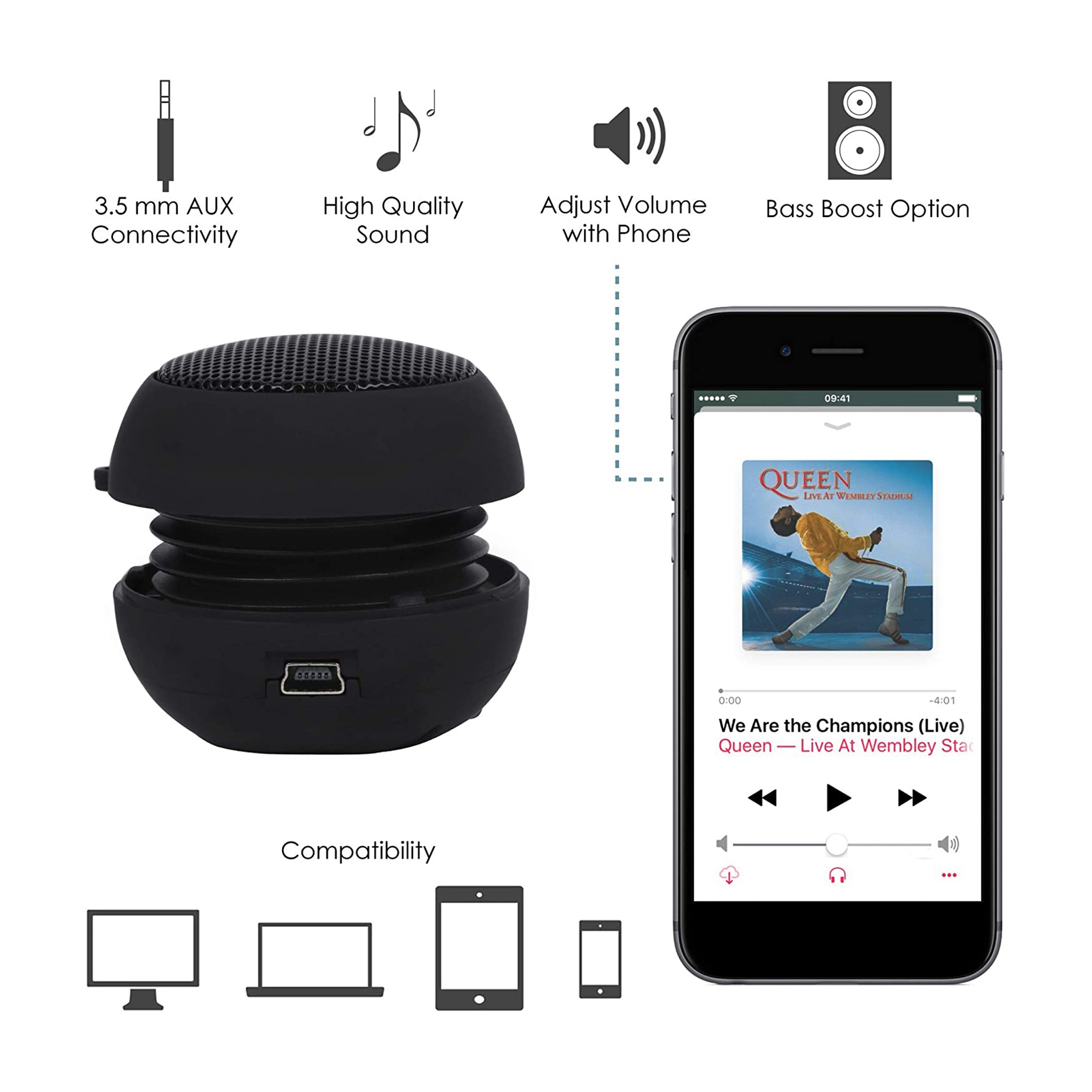 Mini Speaker Portable Rechargeable Travel Speaker with Aux Input Wired 3.5mm Headphone Jack. 