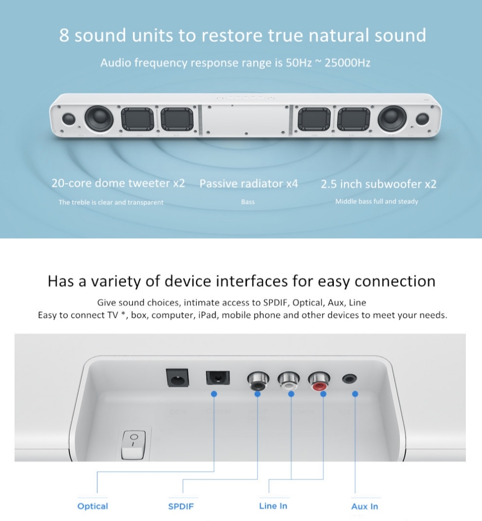Xiaomi Mi TV Sound Bar TV Stereo Speaker With 8 Sound Units For Home Television Mi SoundBar White/Black. 