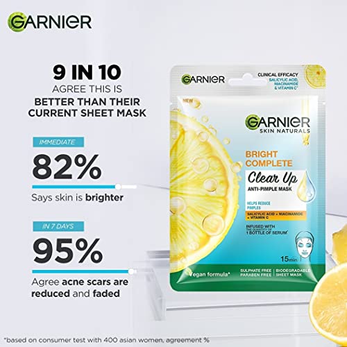 Garnier Bright Complete Anti Pimple Sheet Mask Combo, Salicylic Acid + Niacinamide + Vitamin C, Sheet Mask For Clear, Hydrated And Glowing Skin (Pack of 3) FROM INDIA (SAM). 