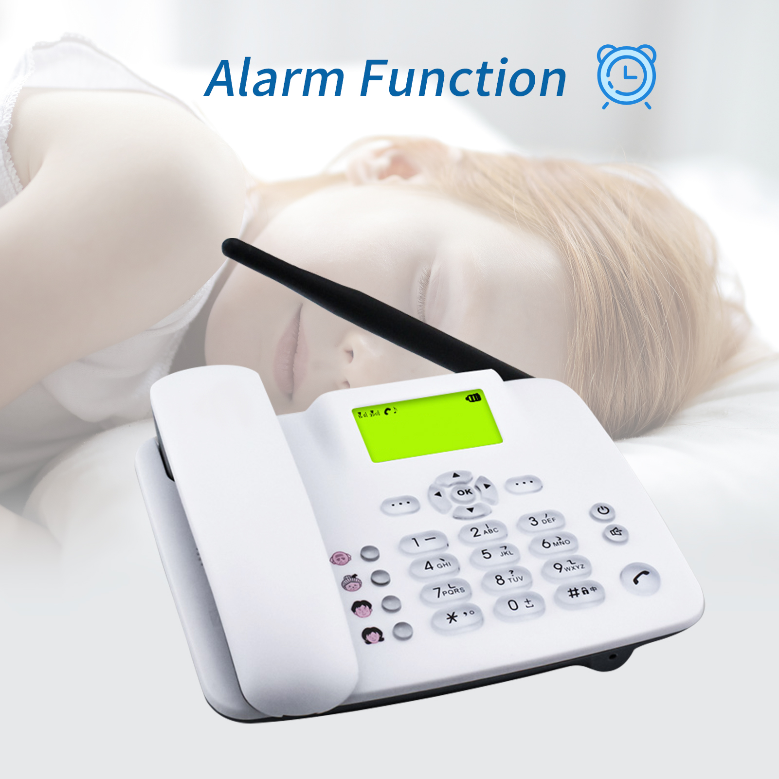 Fixed wi-rel-ess Phone Desktop Telephone Support Dual si-m TF Card 3G Cordless Phone with ante-nna Ra-dio Alarm Clock Automatic Auto-rec-ording Funtion for House Home Call Center Office Company Hotel. 