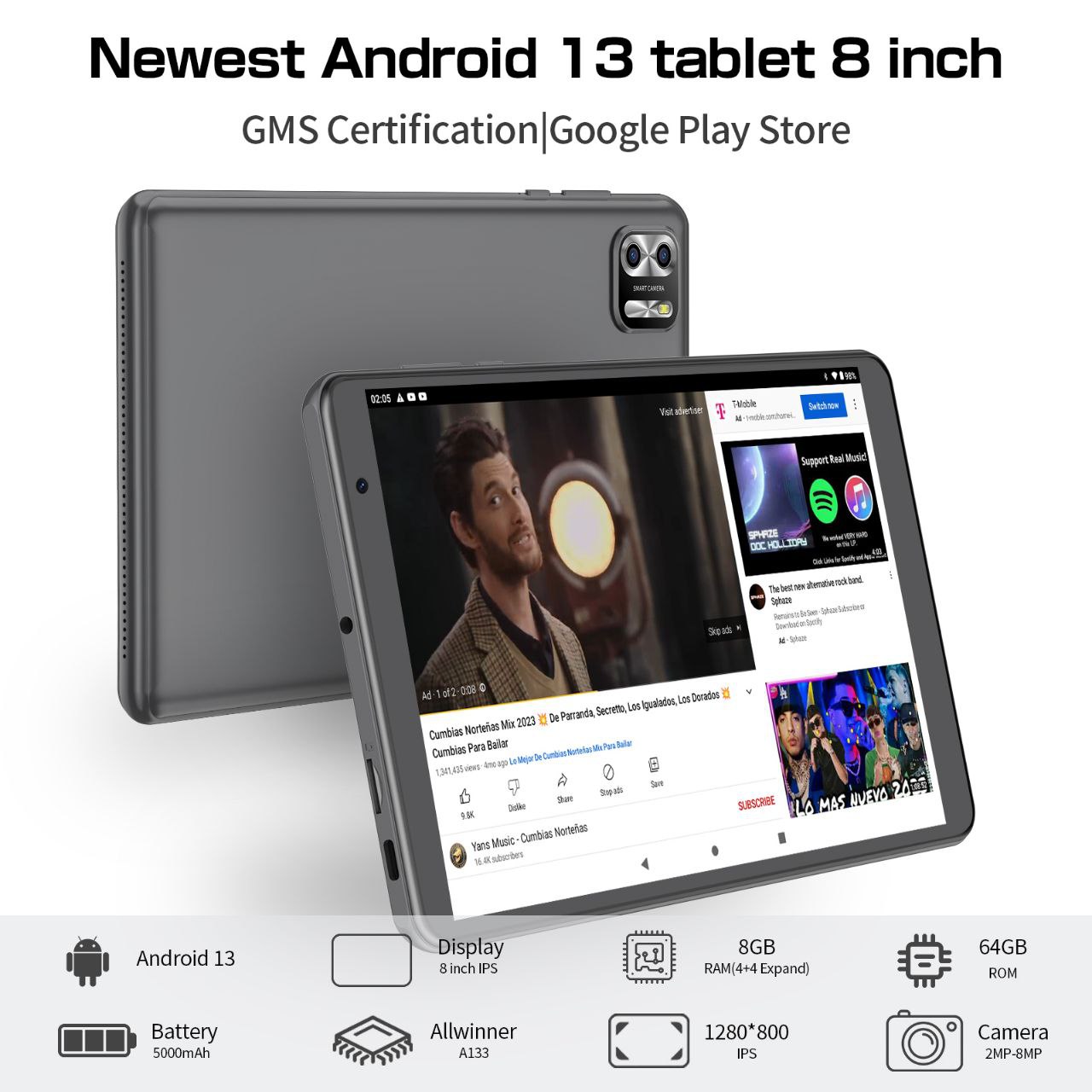 PRITOM 8 Inch Android 13, 8GB(4+4 Expand) RAM 64GB ROM,5000MAH Battery,Dual Camera, WiFi Tablet. 