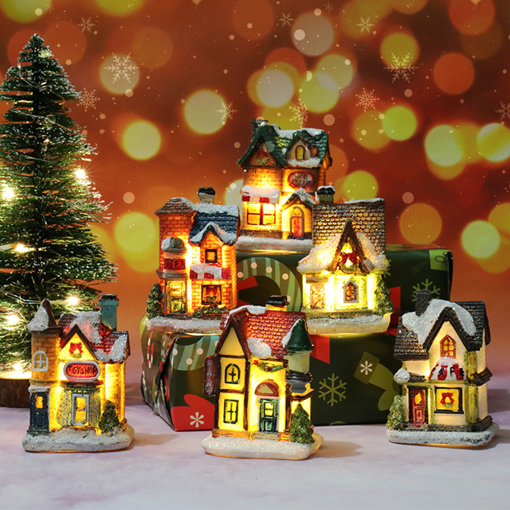 Christmas LED Light Ornaments Resin Mini House Miniature Village Building Xmas Glow Decor Gift Christmas Decoration Navidad Noel