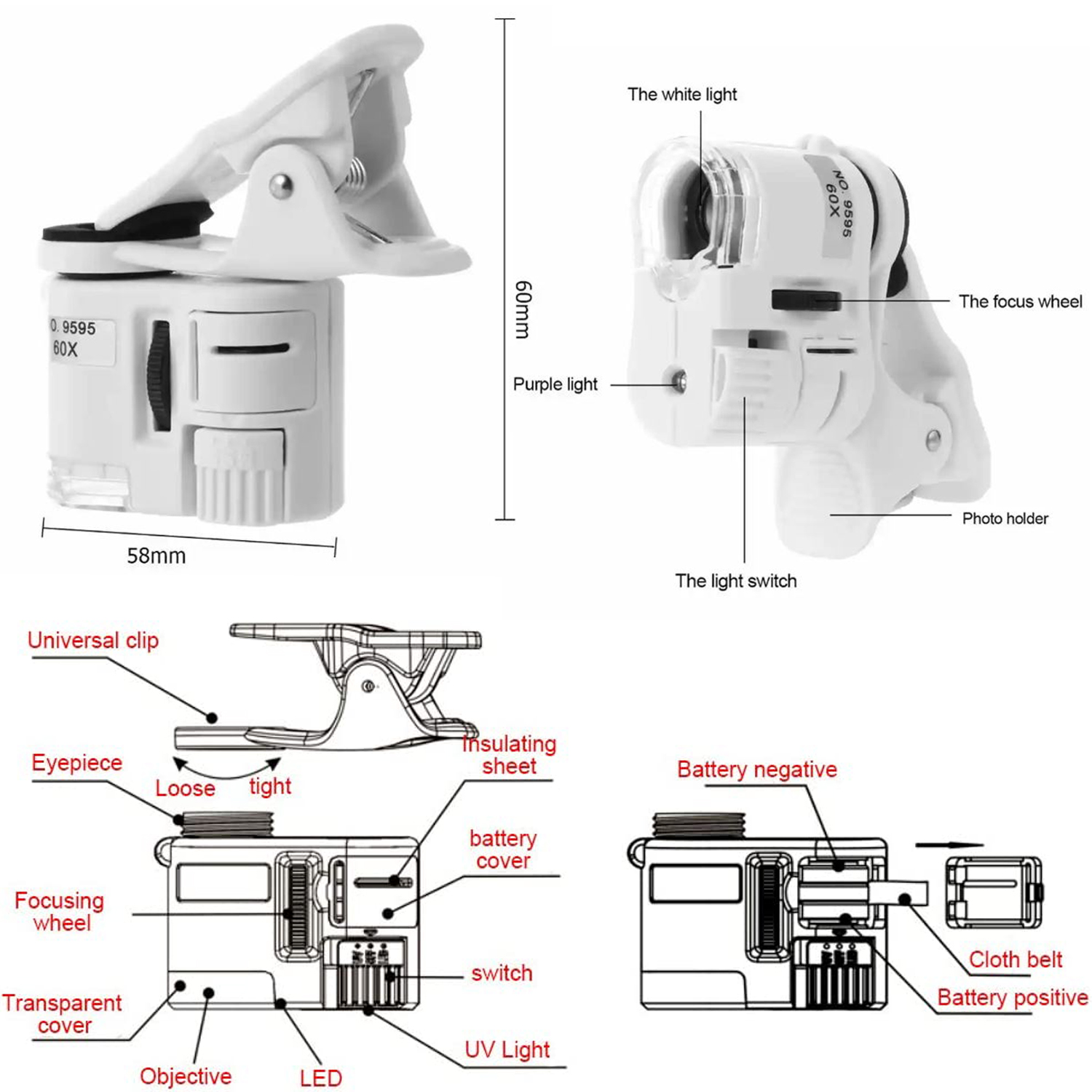 Universal Mobile Magnifying Glass Macro Lens Zoom Camera Clip 60X Digital Microscope Camera for Cell Phone with LED Light Phone. 