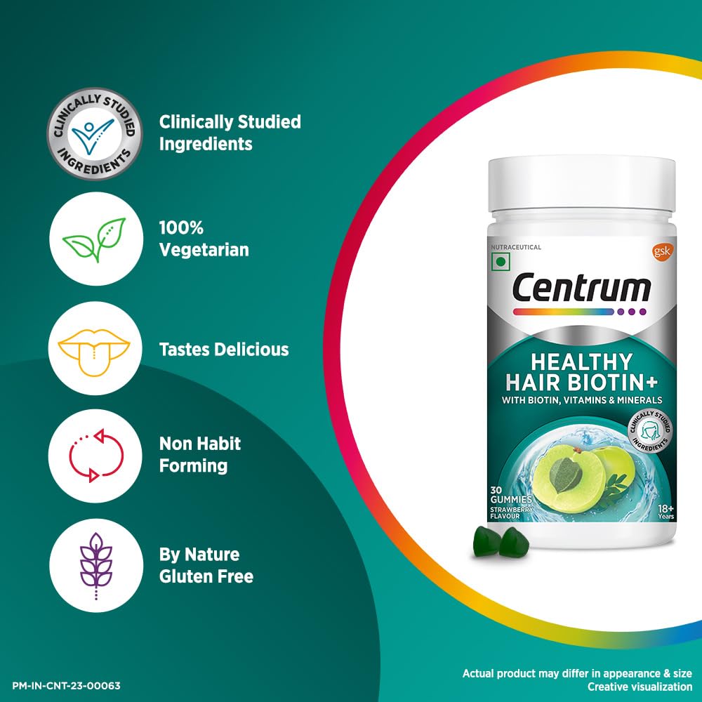 Centrum Healthy Hair Biotin+ | 30 Gummies for Men & Women | 100% RDA of Biotin, Amla, Vitamins & Minerals | World's #1 Multivitamin Brand | 100% Veg JEZ. 