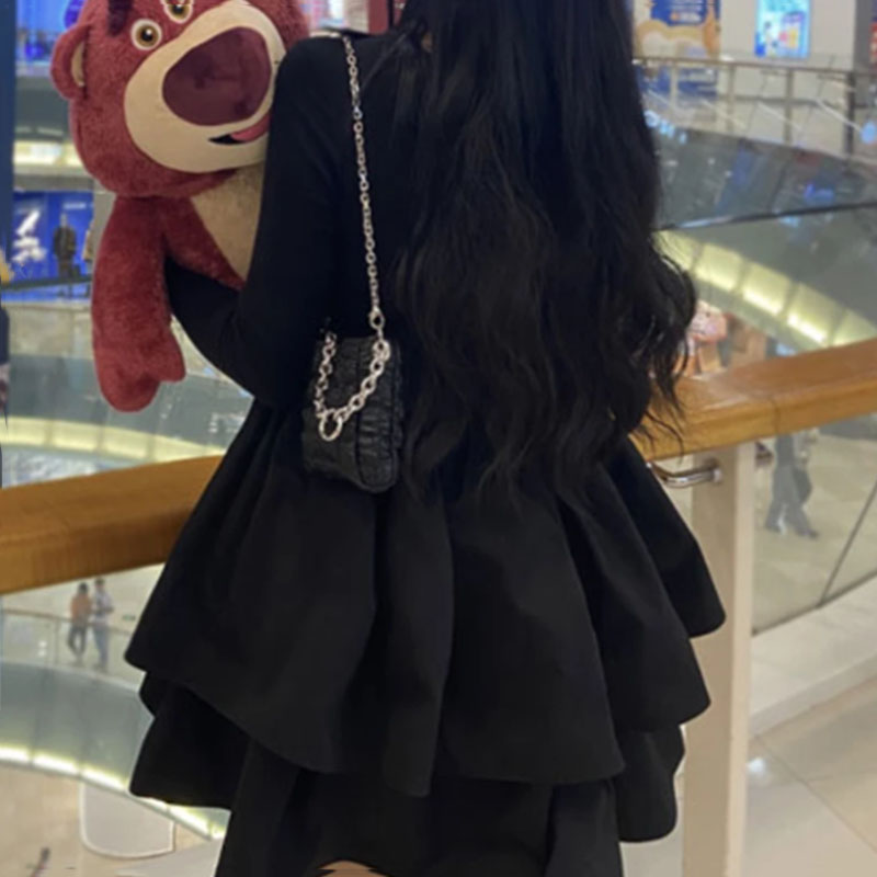 Korean Style Long Sleeve Drees Women Autumn Patchwork Square Collar Black Puffy Dresses Woman Fashion Prom Bow Black Mini Dress. 