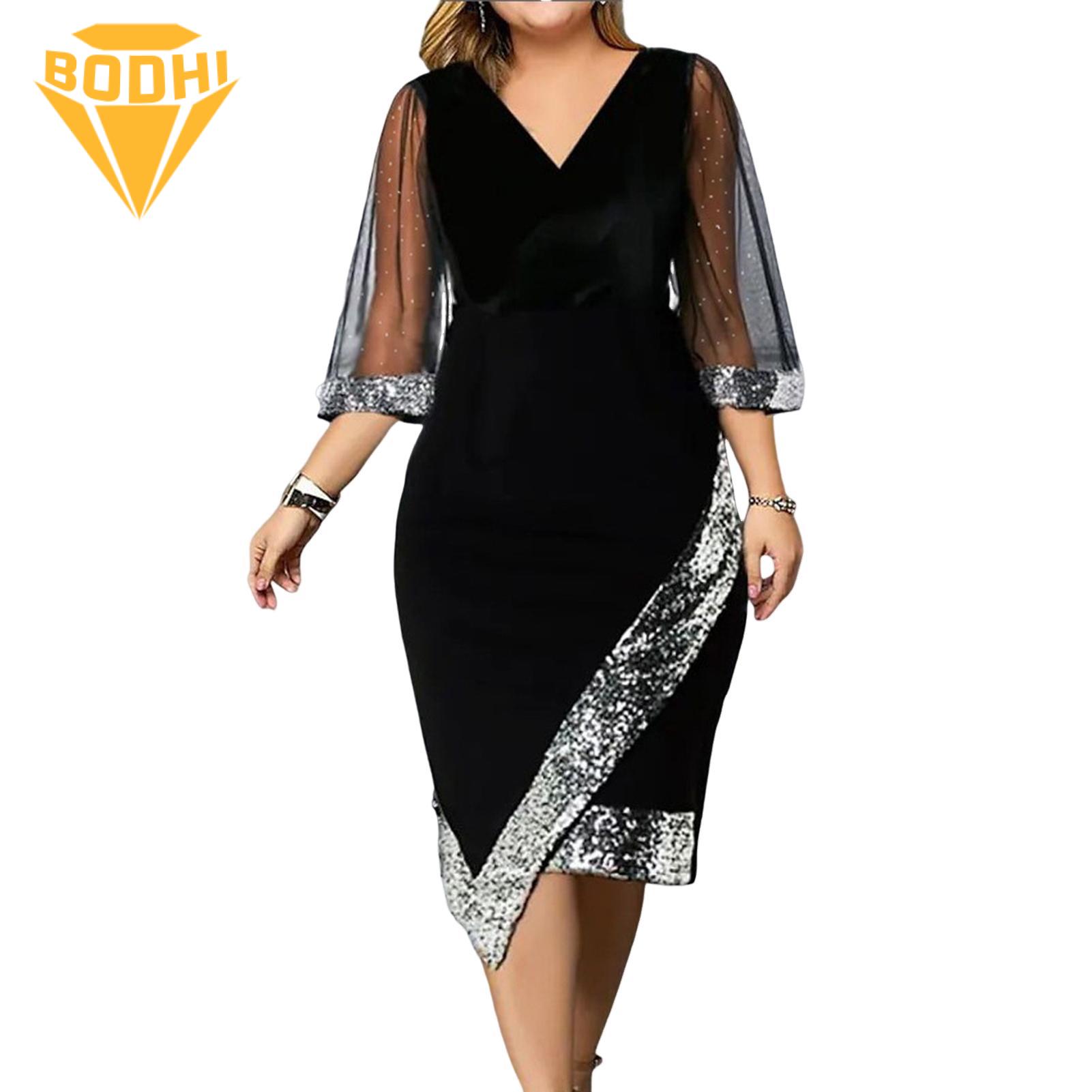 Knee Length Dress Sparkling Sequin Mesh Dress V Neck Slim Fit Knee Length Party Prom Midi Dress for Women. 