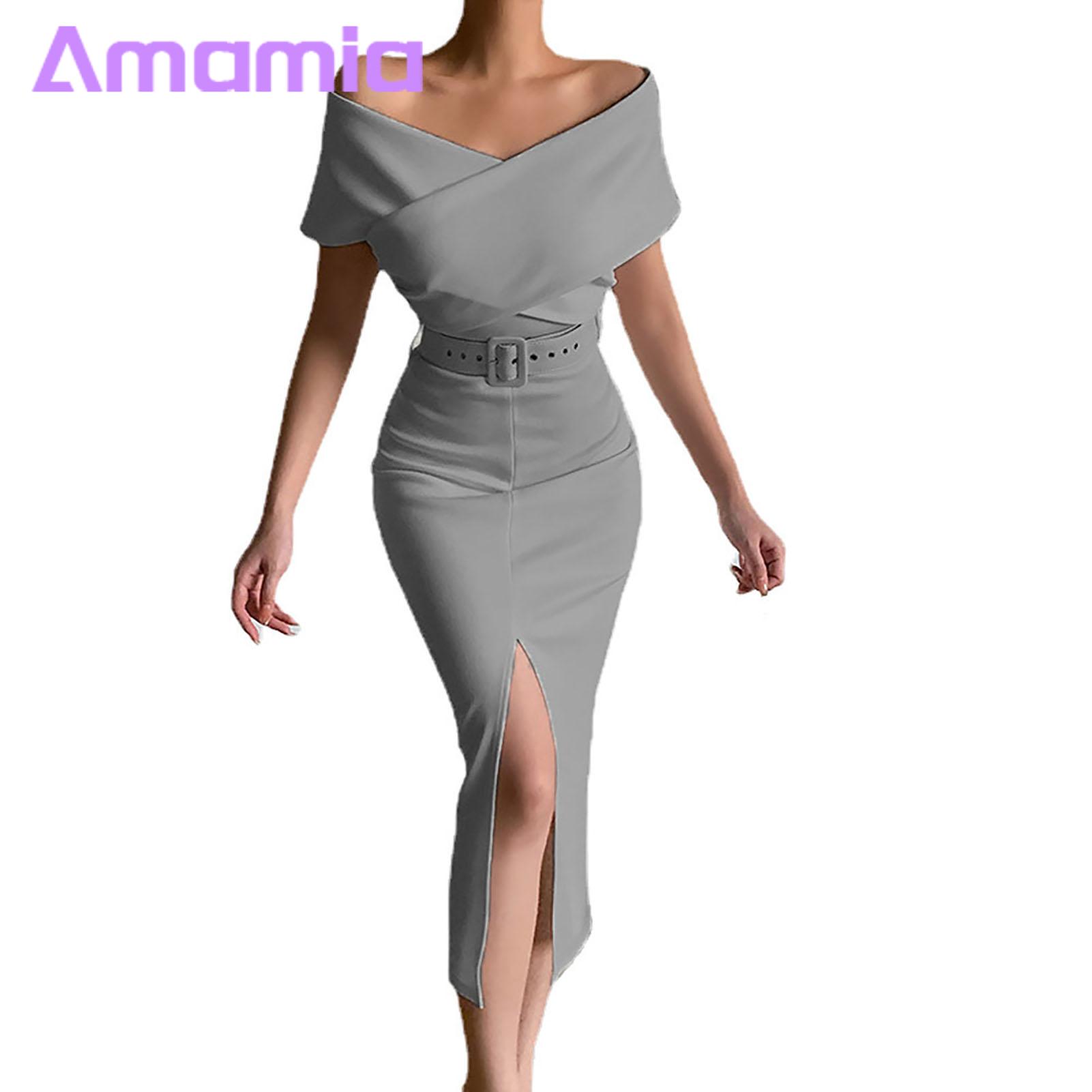 Evening Dress Solid Color Elegant Off Shoulder Front Split Bodycon Dress. 