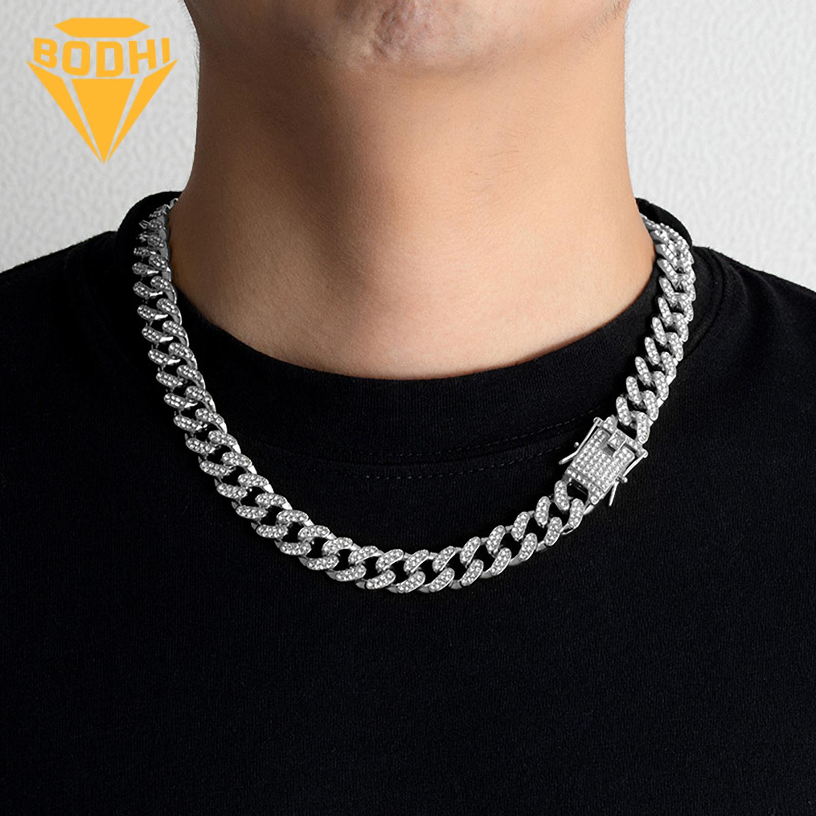 Hypoallergenic Necklace Men's Cuban Link Chain Necklace Hip Hop Bling Rhinestone 13mm Thick Chain Fashion Jewelry Gift Style Metal Necklace. 