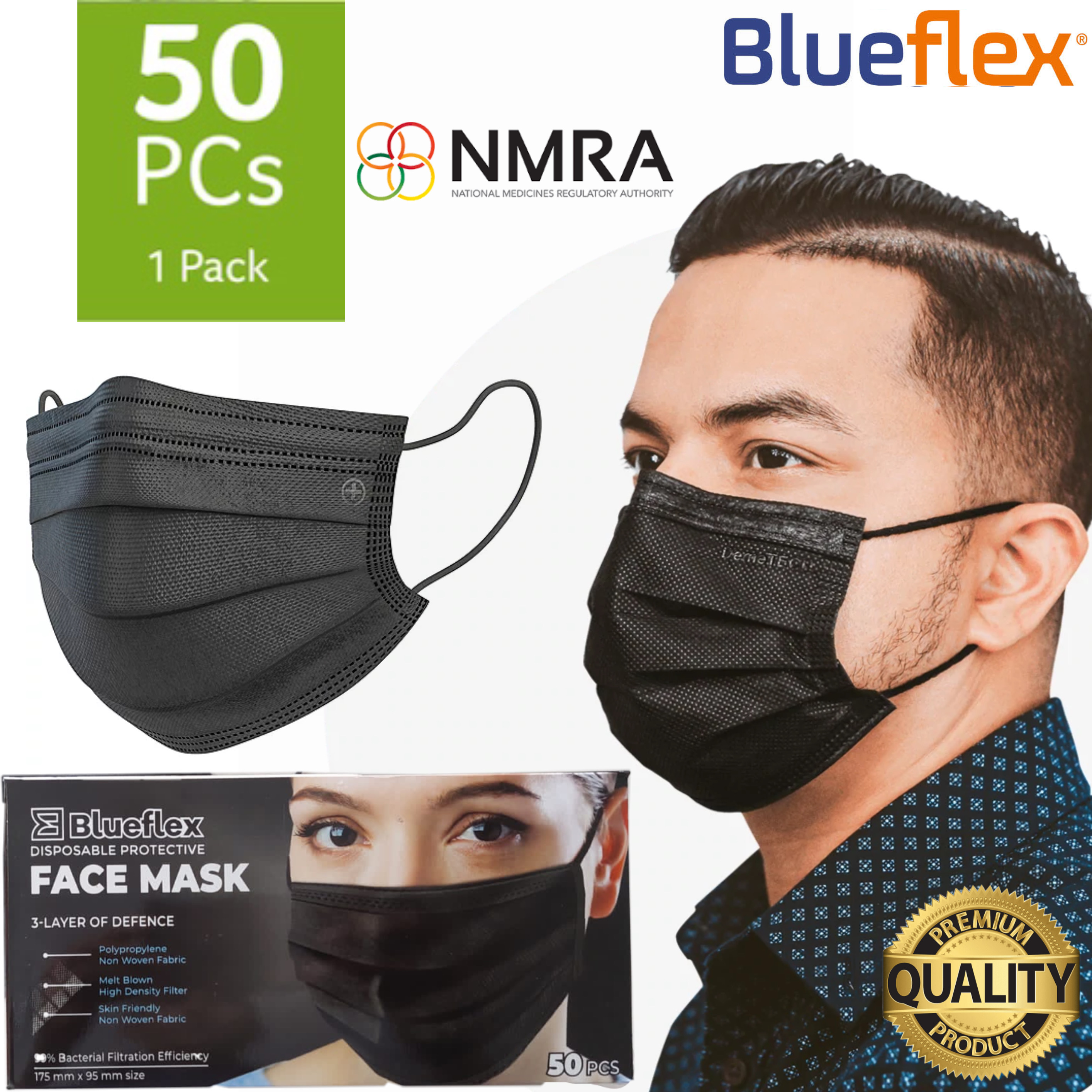 Black Disposable Face Masks, 50 100 Pack Masks 3 Ply Filter Protection