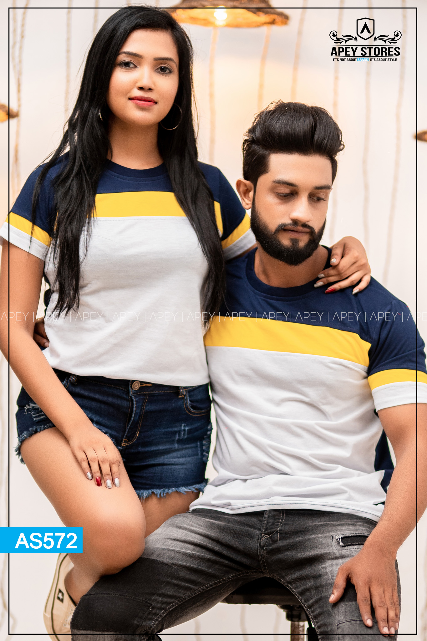 White Navy Blue Yellow Color Lined Couple T Shirt AS572 Daraz.lk