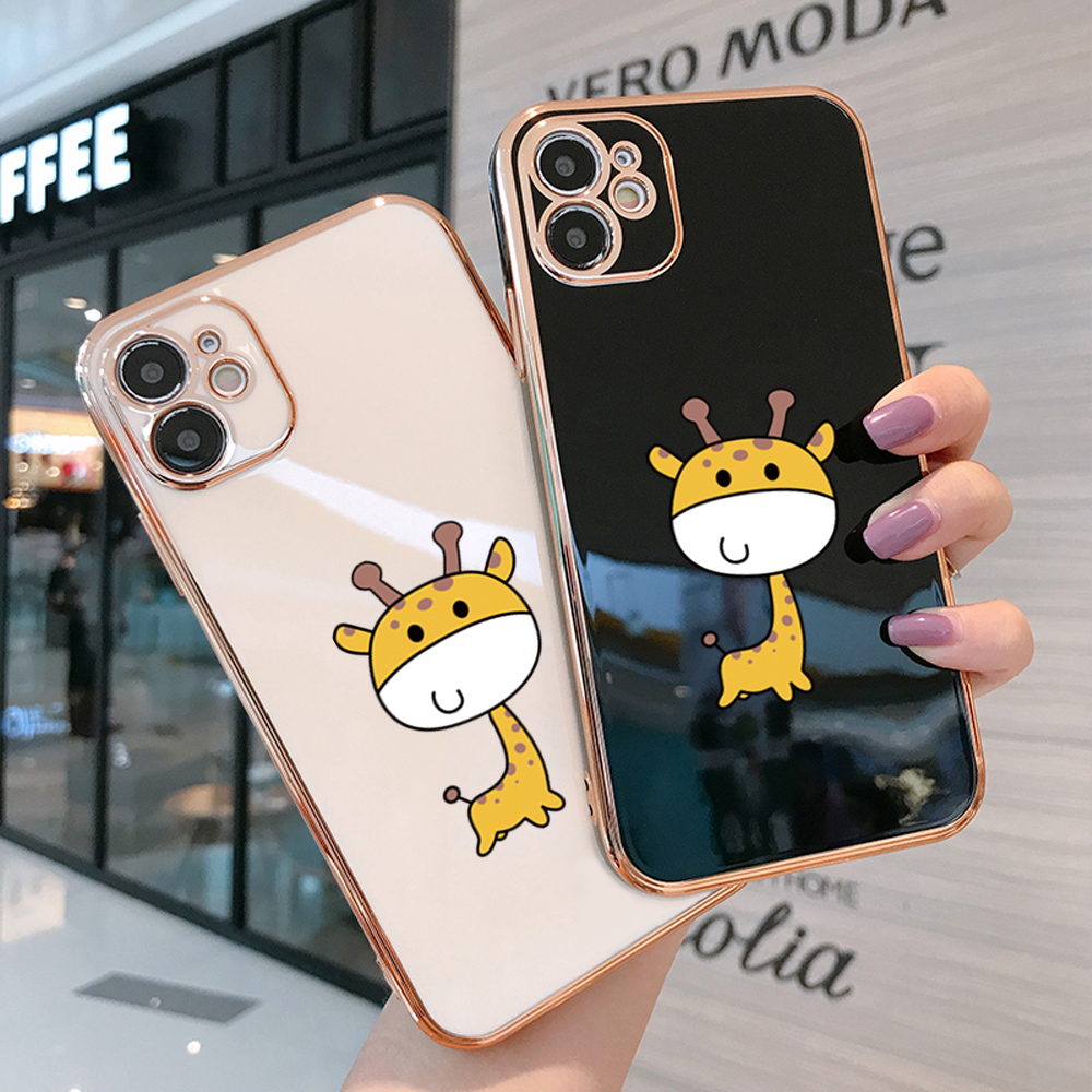 Jizetin (Free Lanyard) iPhone 8 Case Cute Cartoon Big Head Giraffe Luxury 6D Plating Soft Casing Silicone Ultra Thin Phone Cover. 
