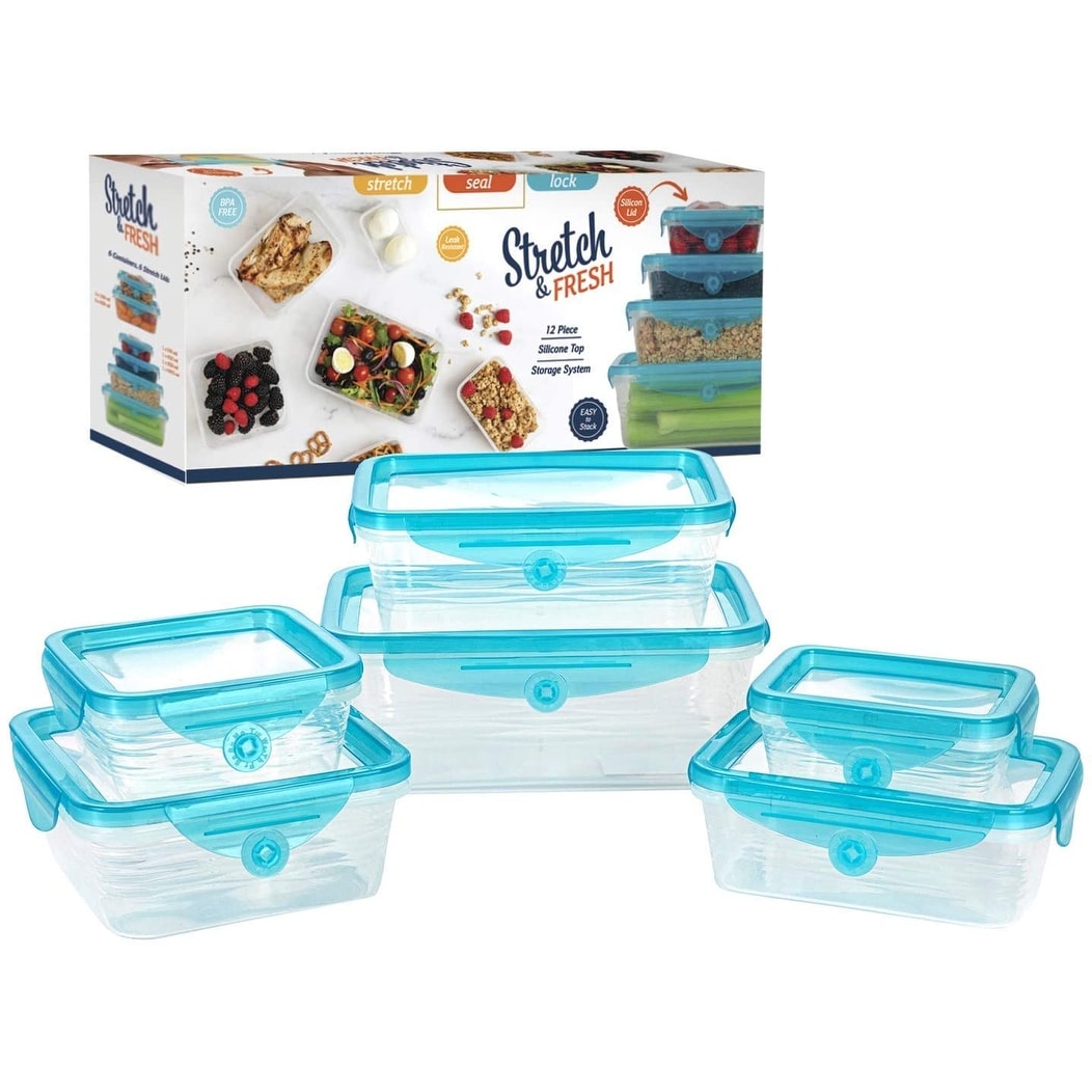 12pcs STRETCH and FRESH by Emson Silicone Food Storage Containers Airtight Lids for Solid Food and Leak-Proof for Soups and Sauces, Freezer-Safe BPA-Free Stackable Meal Prep Container