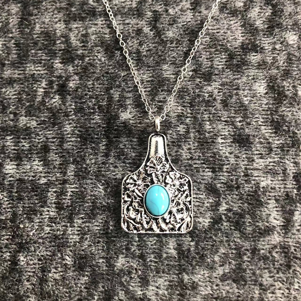 Western Design Cow Ear Tag Embossed Floral Turquoise Stone Dots Pendant Choker Necklaces for Women Cowgirl Neck Jewelry Gift. 