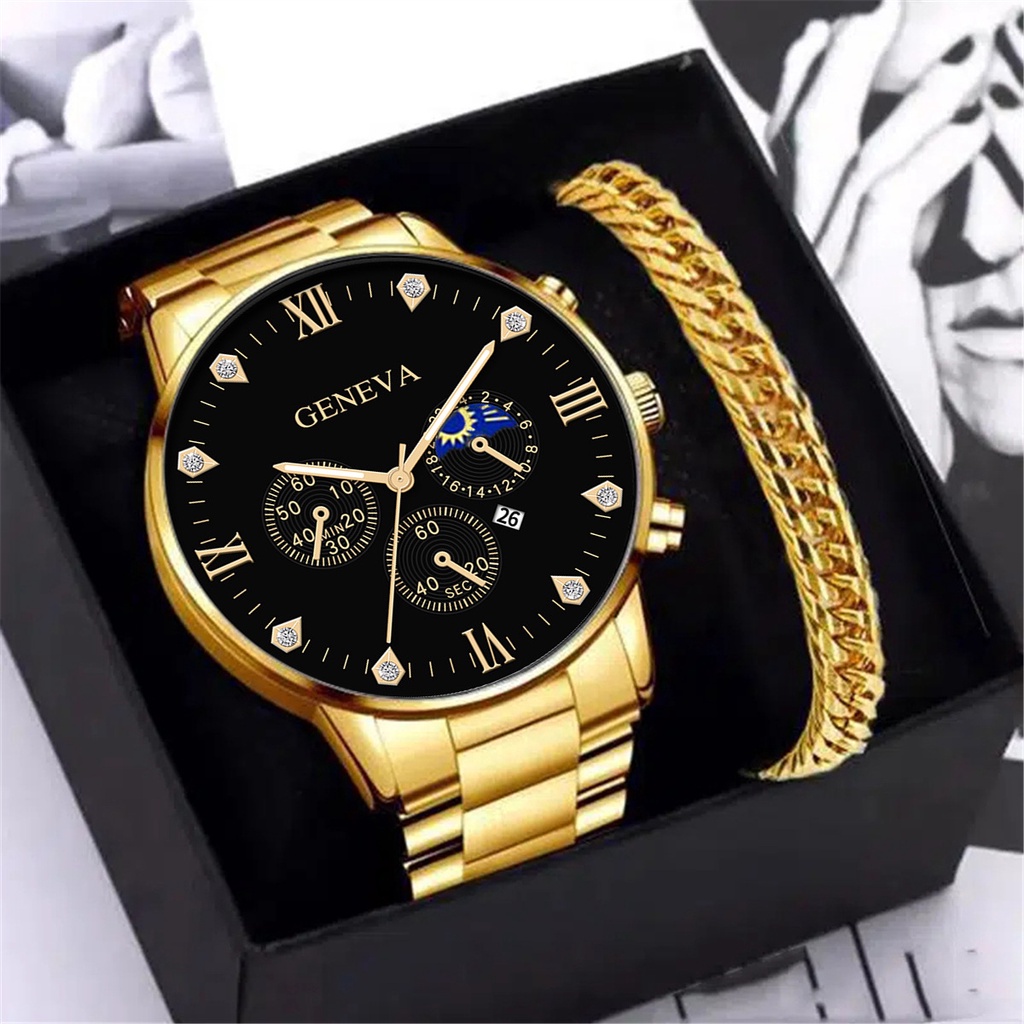 2Pcs/Set Fashion Casual Accessories Business Men Gift Gold Metal Steel Strip Chain Bracelet Quartz Watch Set