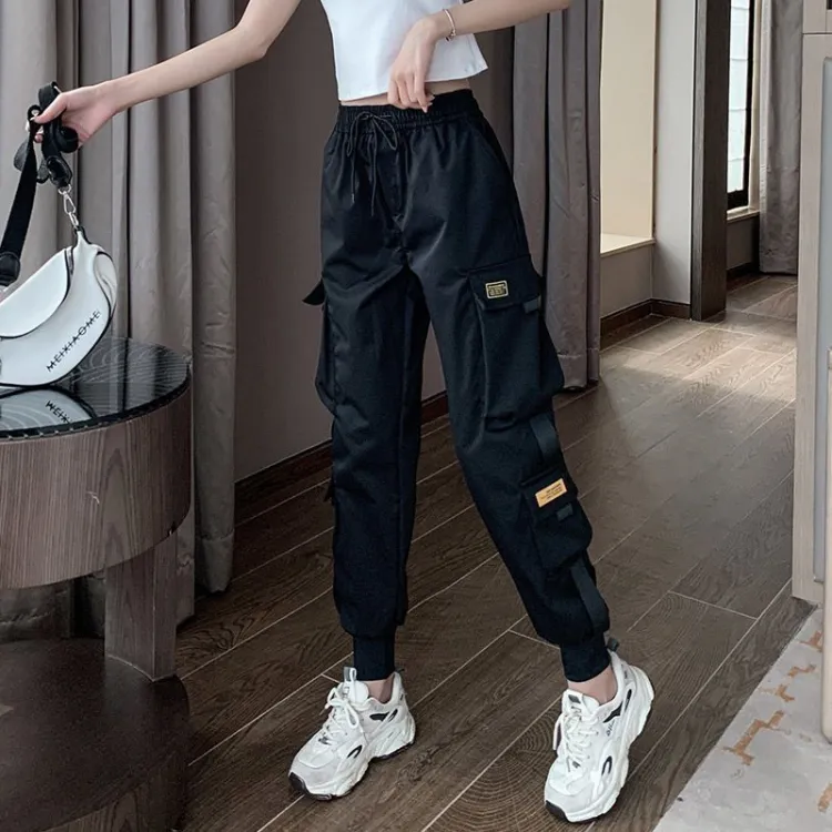 Black Cargo Pants Female Summer Slimming Student Korean Style