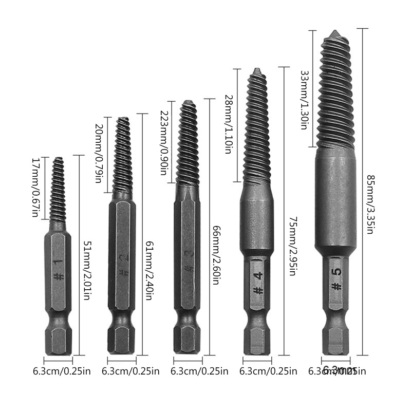 PCF* 5x Spiral Flute Bolt Extractor Hex Shank Screw Extractor for Remove Broken Bolts. 