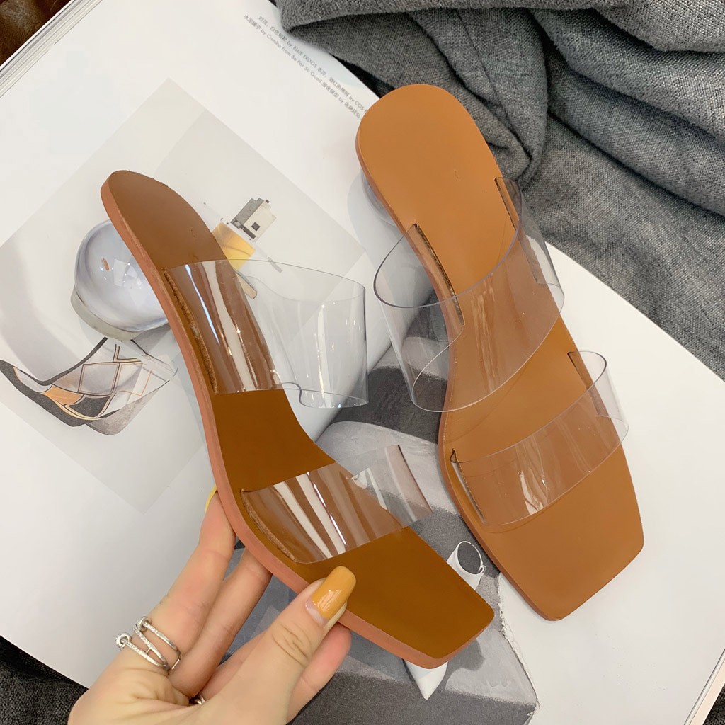 【BestGO】 Women Slipper Summer Crystal Heel Beach Slippers Transparent Square Toe Shoes. 