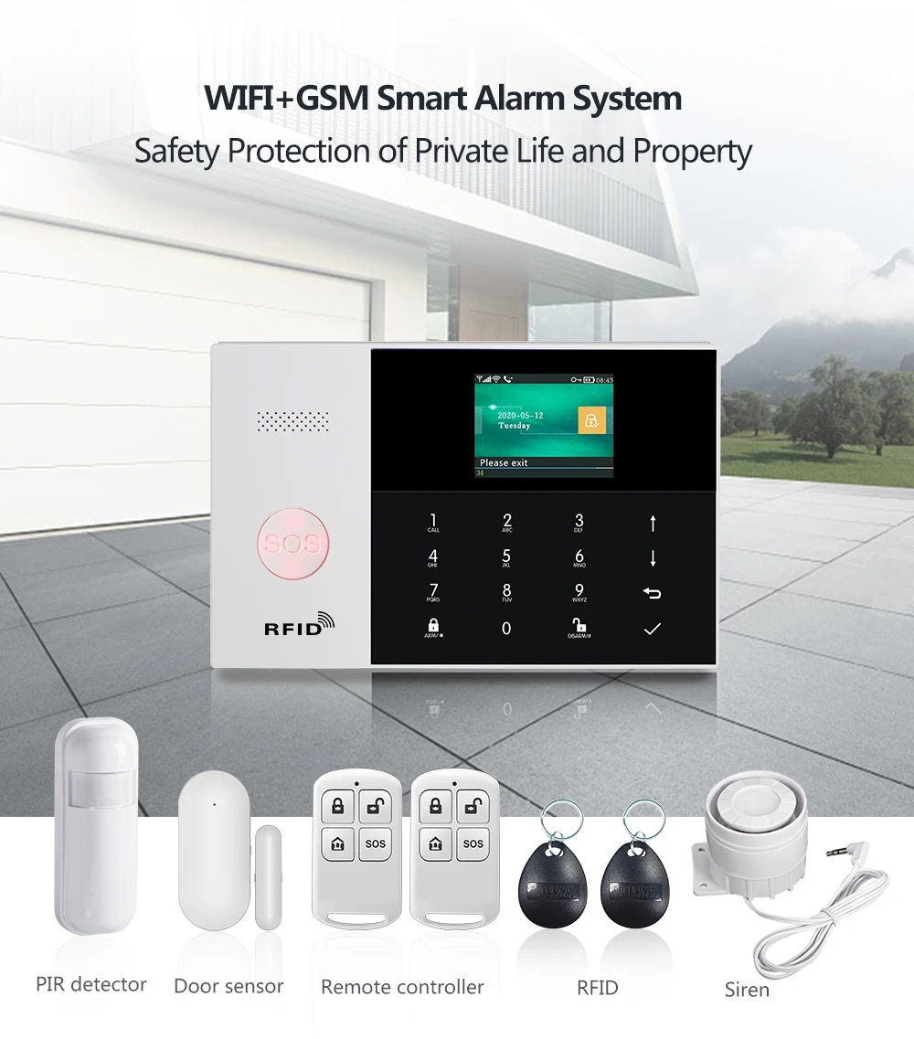 PGST PG 105 TUYA Security Alarm System WiFi Gsm RFID Home Burglar Security Alarm Home Kit Wired And Wireless Smart Life APP Control. 