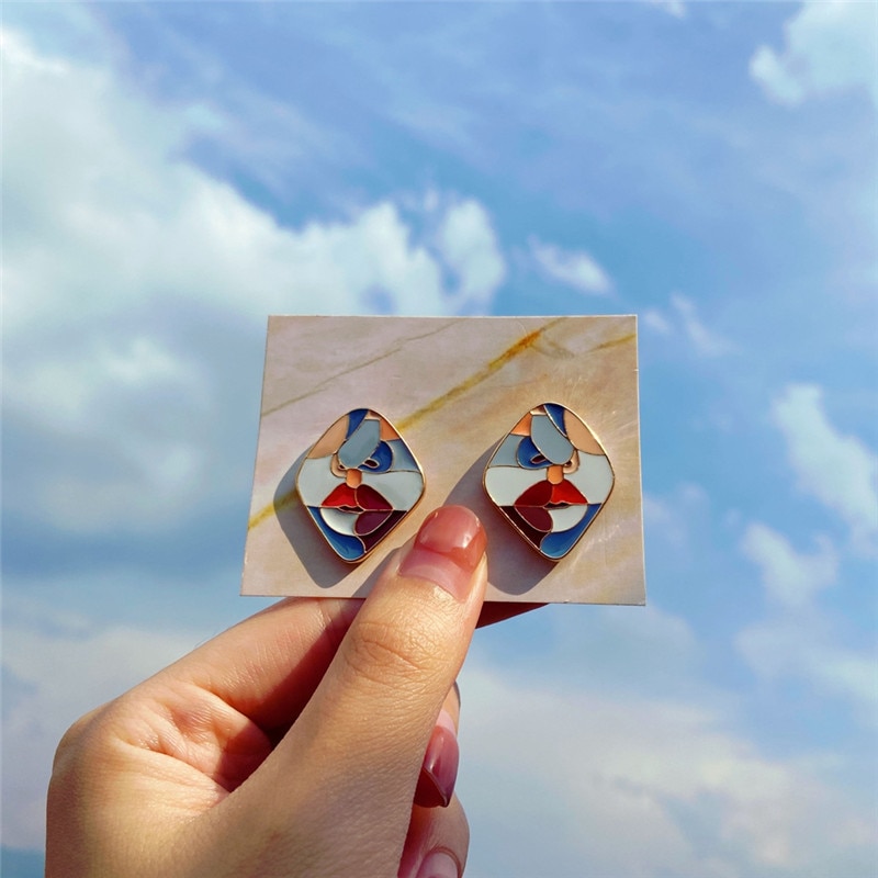 【happy one】17KM Geometric Sqaure Candy Color Face Stud For Women Creative Tiny Small Contrast Drip Jewelry. 