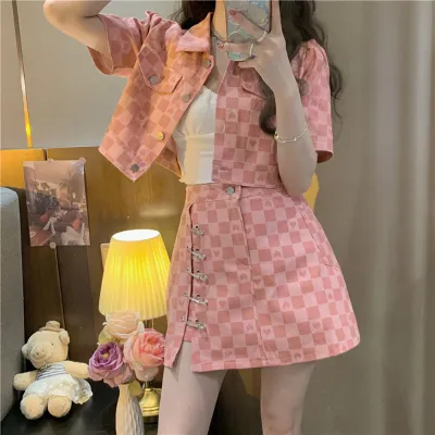 Short plaid outlet skirt jacket set