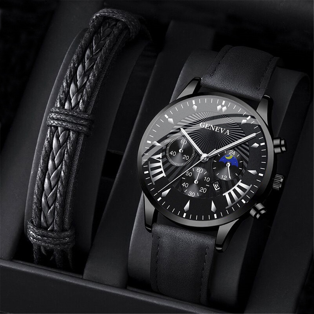 Enacolor 2Pcs/Set Simple Male Leather Bracelets Quartz Watch Set Fashion Casual Accessories Men Gift. 
