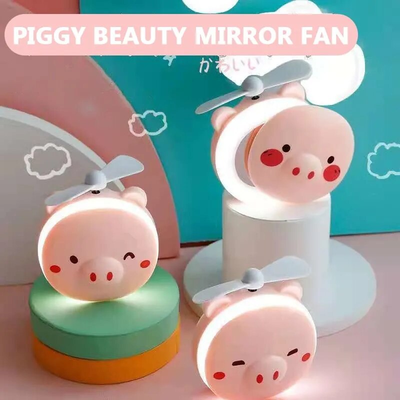Cute Pig Mini Fan Handheld Portable Pocket Outdoor Creative Makeup Mirror with LED Light USB Charging. 