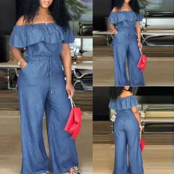 one shoulder denim jumpsuit