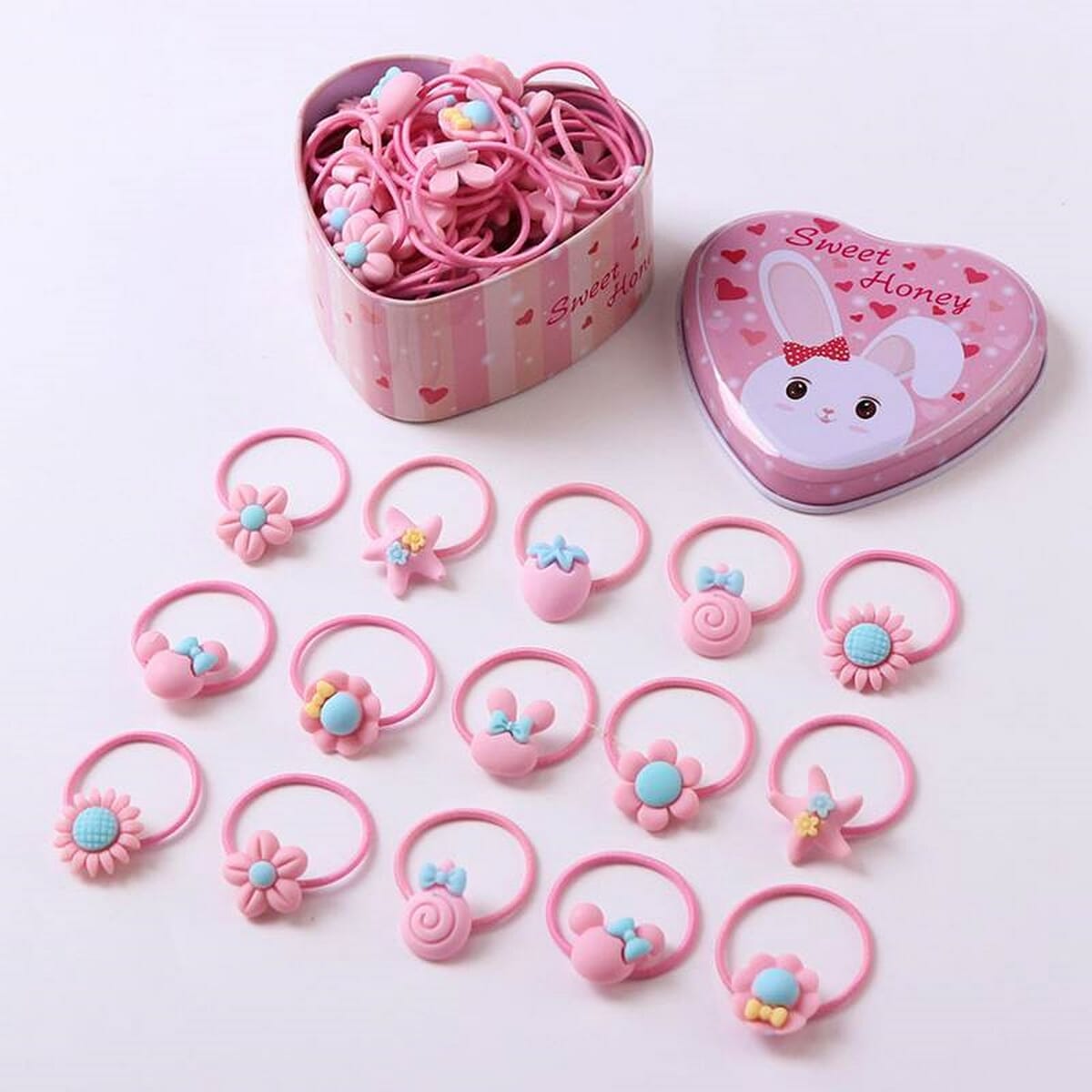20Pcs/Box Cartoon Elastic Hair Bands Cute Bows Flower Rubber Band Hair Circle Sweet Hairbands