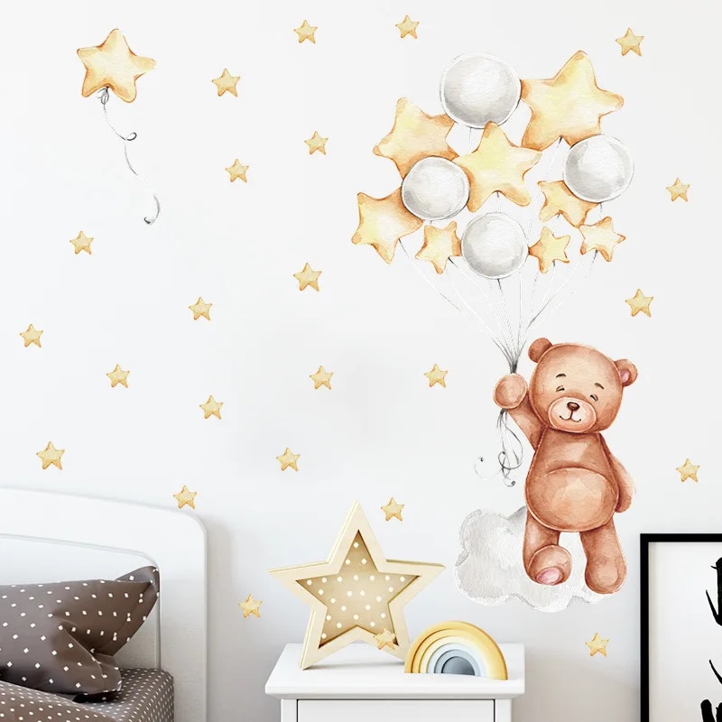 Cute Bear Cloud Star Wall Stickers for Kids Rooms Girls Boys Baby Room
