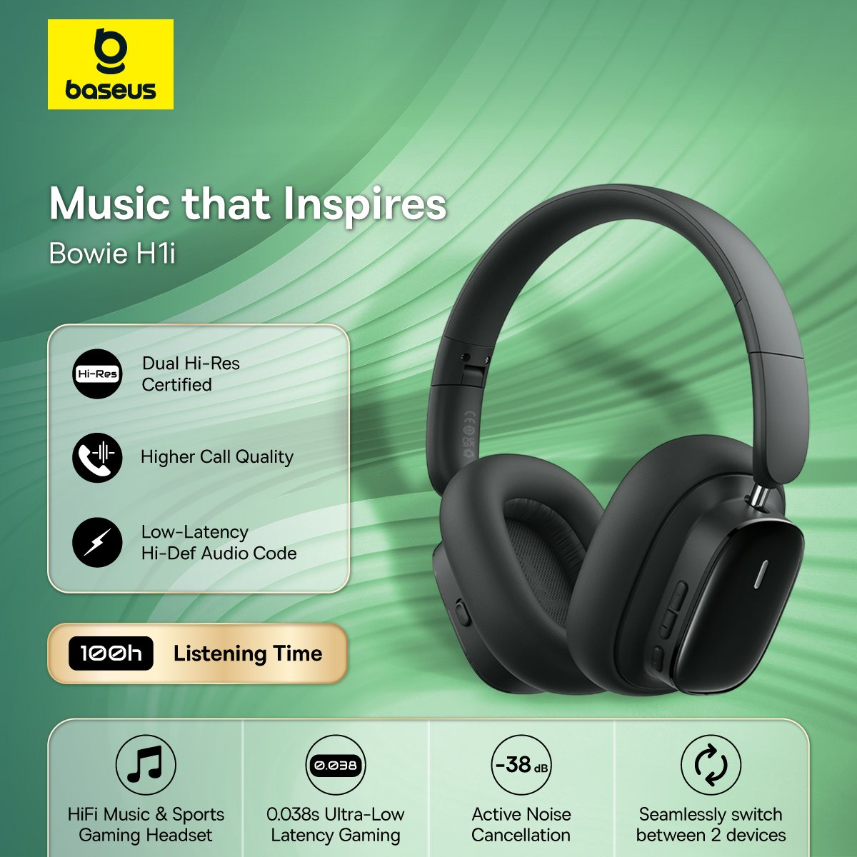 Baseus H1i Headphones Earphones 5.3 Stereo HiFi Music with Rotating Noise-Cancelling Microphone Sports Gaming Headset. 
