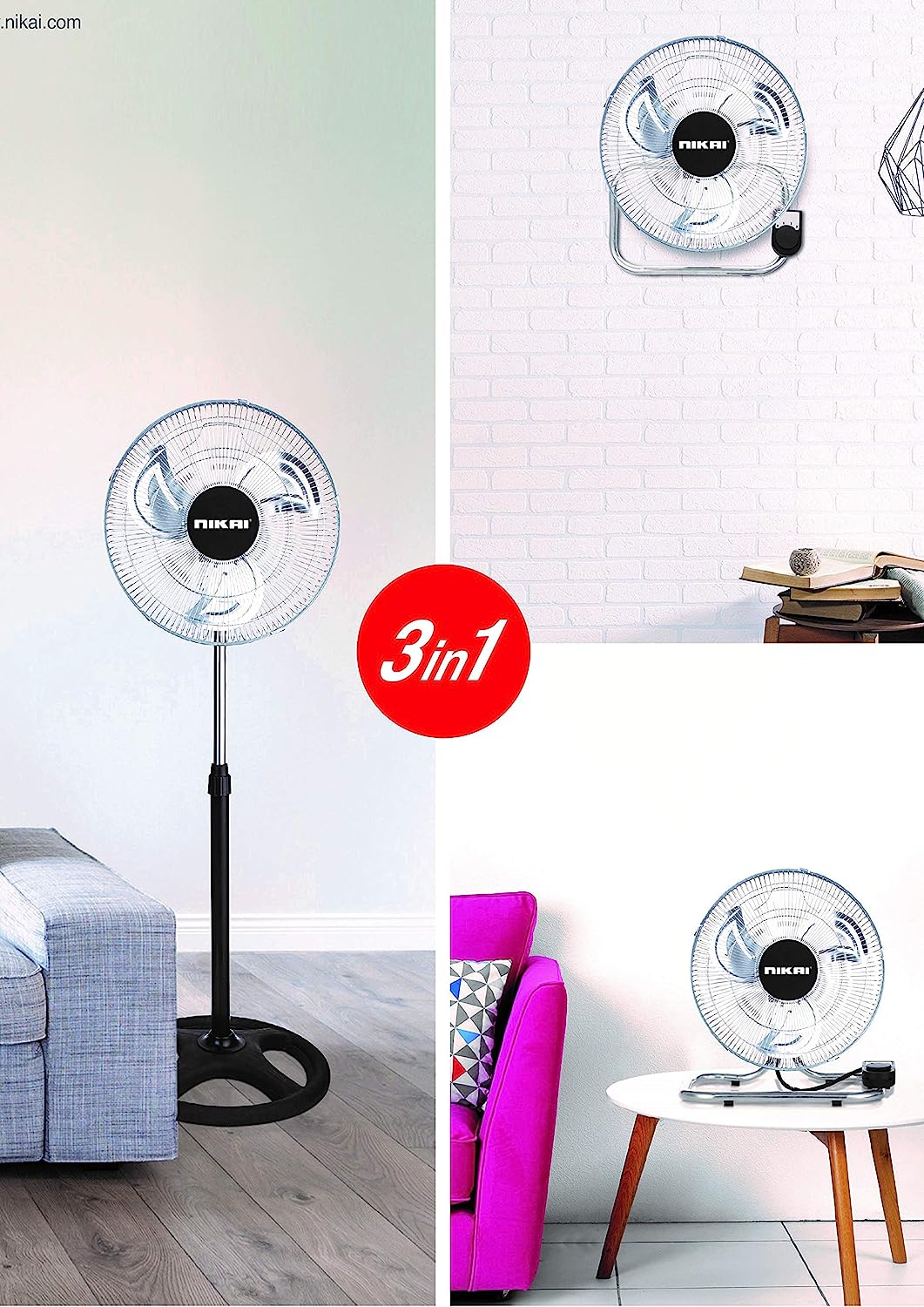Nikai 3 in 1 Electric Pedestal Fan with Remote Control, 45 Watts. 