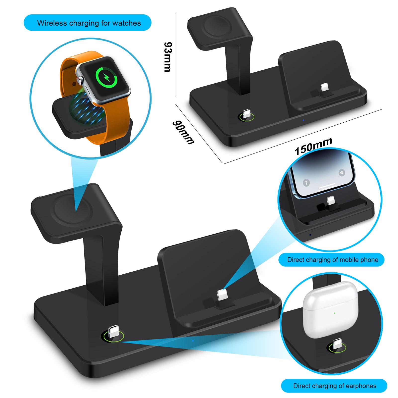 3 in 1 Fast Charging Dock Station for Apple Watch 8 7 AirPods Pro iPhone 14 13 12 11 XS X 8 Wireless Charger Stand Phone Holder. 