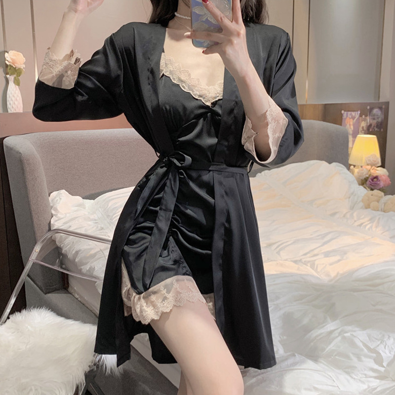 SYQ Xia Chun's Pajamas Women's Lace Sling Nightgown Nightgown Two-Piece Home Clothes With Chest Pad. 