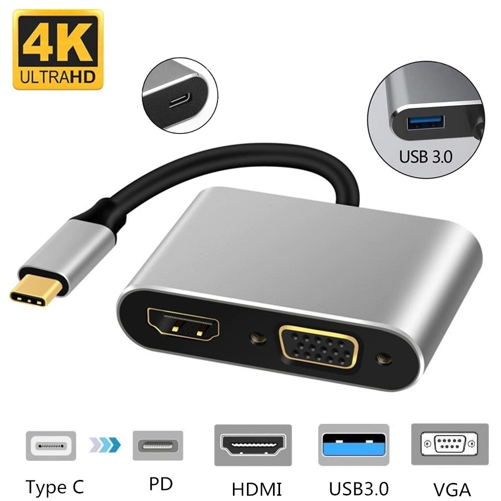USB C to HDMI VGA Adapter 4-in-1 USB C Hub with 4K 30Hz HDMI,1080P 60Hz ...
