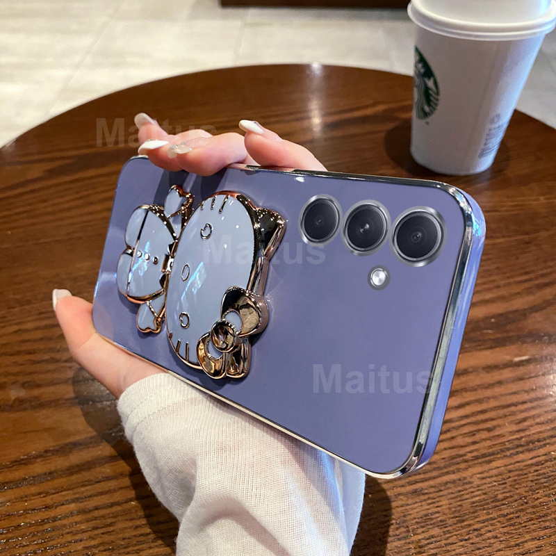 For Samsung Galaxy A05 A05s A04 A04e A04s Back Cover with Cute Cat Makeup Mirror Stand Bracket Luxury 6D Plating Shiny Bling Case Square Edge Soft Silicone Mobile Phone Cases Pouch Girls. 
