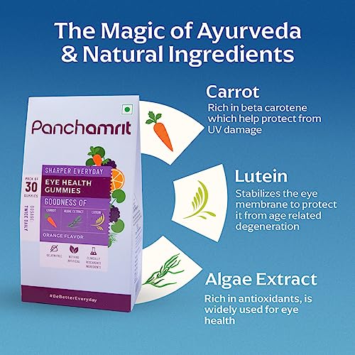 Panchamrit Eye Health Gummies- 30 Gummies (Pack of 3) | Protects against Blue Light Damage, Digital Strain and Dry Eyes | Enriched Lutein, Zeaxanthin, Carrot Powder & Ayurvedic herbs for Kids & Adults (FROM INDIA)SAB. 