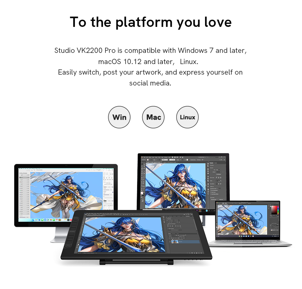 Veikk Studio VK2200 Pro Lukisan Pen Paparan Grafik Monitor Ips Monitor 8192 Tahap Tekanan Pen Lukisan Pen Pen Tablet Dual Monitor dengan 2 Disesuaikan Cepat Dial 8 Express Kunci dan Boleh Laras Berdiri 21.5 Inci. 