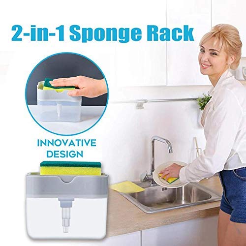 Soap Dispenser and Sponge Holder for Kitchen Sink, Sponge Included, 13 Ounces, Metallic Silver. 