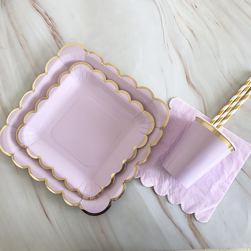 paper plates Gold Disposable Tableware Sets Purple Party Paper Cup Plates baby Shower Birthday Party Supplies Carnival Wedding decor FavorsParty Tableware. 