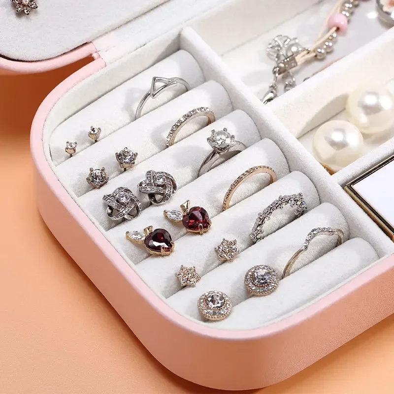 Jewelry Box with Double Zipper, 2 Layers Portable PU Jewelry Case