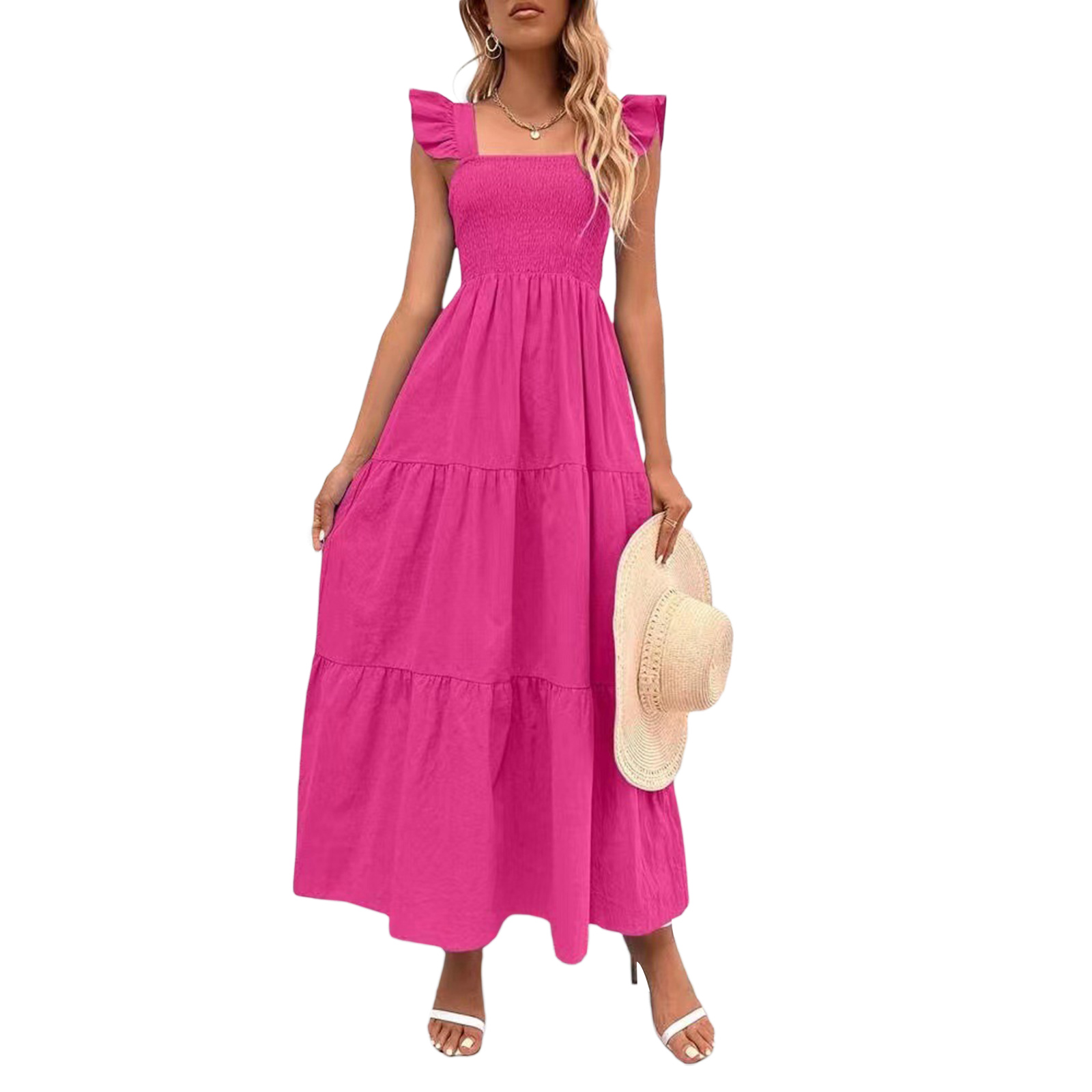 Women Long Dress, Fly Sleeve Square Neck Solid Loose Swing Dress Summer A-line Dress. 