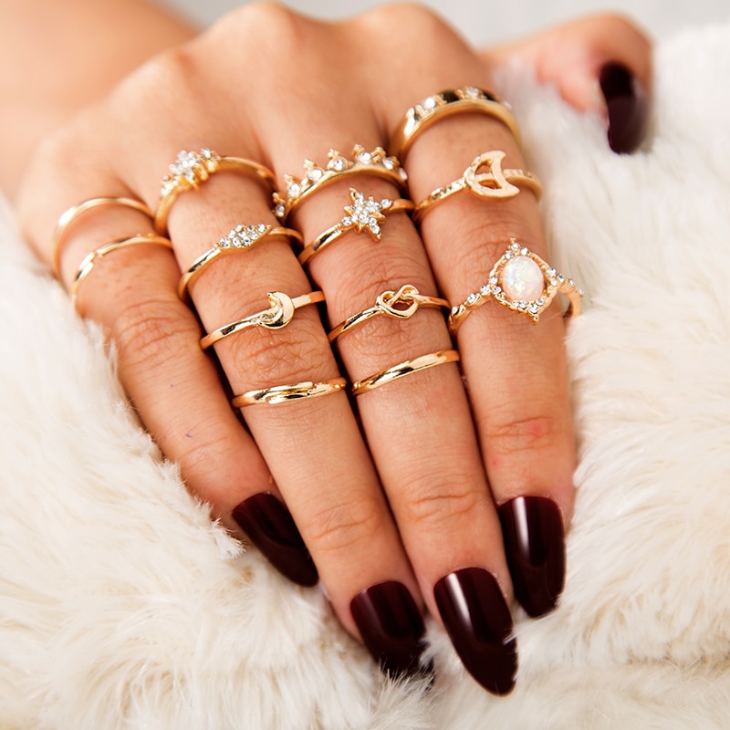Trendy Gold Color Crystal Moon Star Crown Shape Ring Set for Women Girl Metal Geometric Rhinestone Midi Ring 3377. 