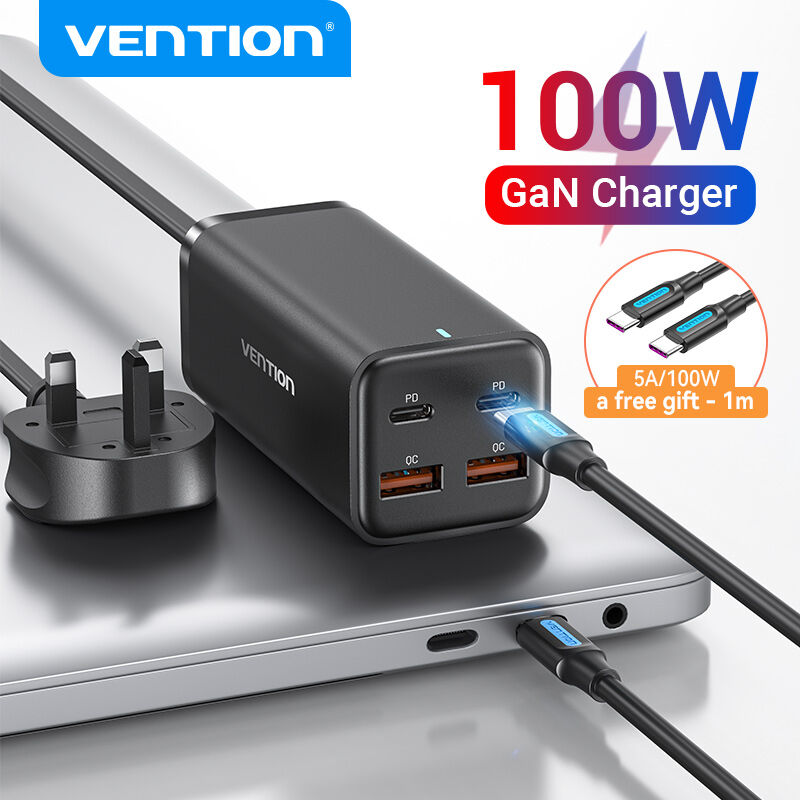 Vention 100W GaN USB C Charger 4 Ports Desktop Fast Charger with AC Power Cord for iPhone 15 14 13 Pro Max Samsung S23 S22 MacBooK iPad pro MacBook Air with 100W 5A USB C to USB C Cable