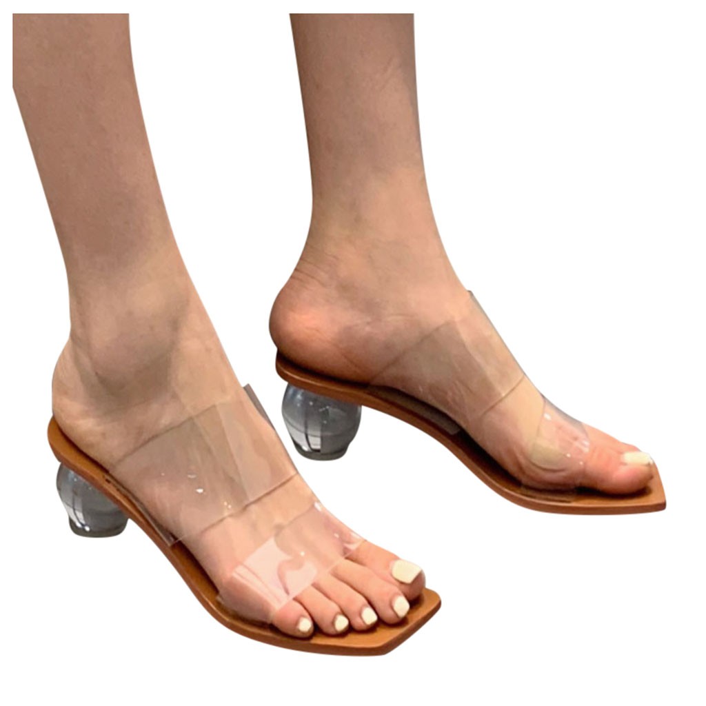 【BestGO】 Women Slipper Summer Crystal Heel Beach Slippers Transparent Square Toe Shoes. 