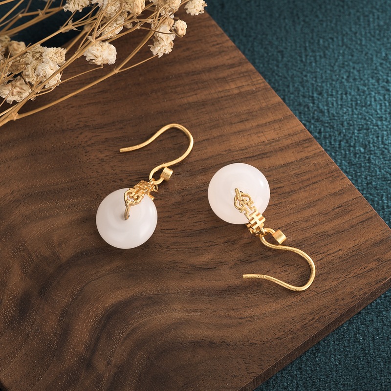Her Lab Jewelry |18K Gold Chinese Style Hanzi Double Happiness Earrings Gold-plated Retro Court Style Inlaid White Jade Earrings Fashionable Personalized Jade Ladies Earrings. 