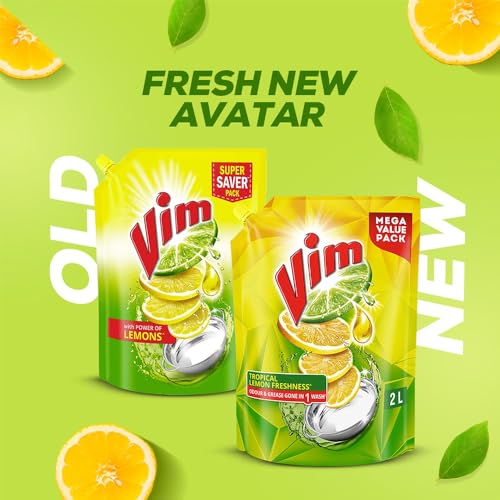 Vim Dishwash Liquid Gel Lemon Refill Pouch, 2 Ltr | Dishwash Gel Infused With The Power Of Lemons | Leaves No Residue FROM INDIA(SAM). 